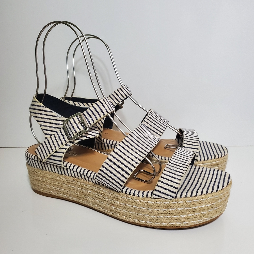 Bamboo Blue White Striped Rope Platform Sandal 10